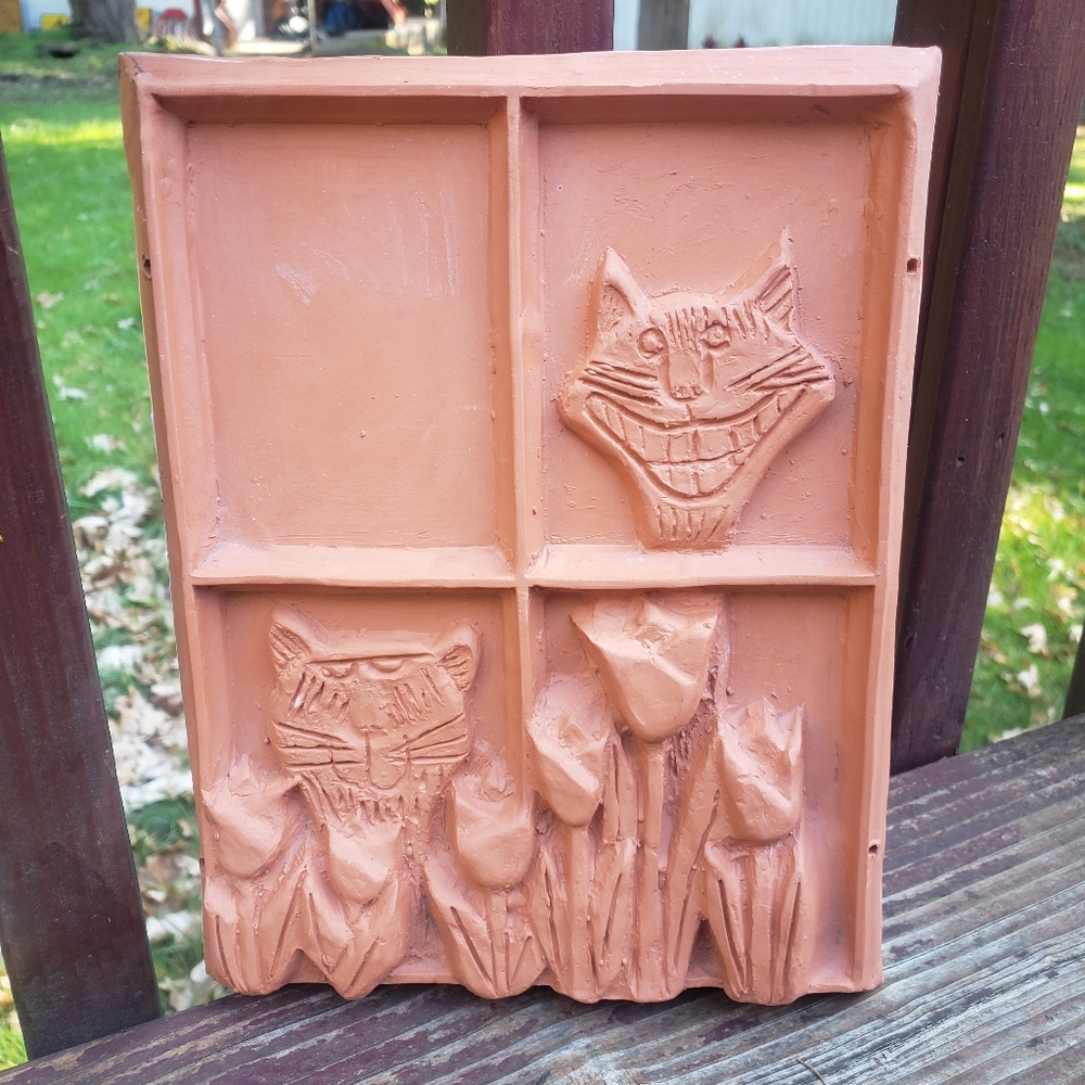Handmade Cat and Tulips Hanging Plaque - Clay
